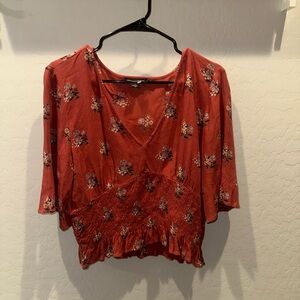 American Eagle Outfitters Rust Floral V-Neck Smocked Hem Blouse